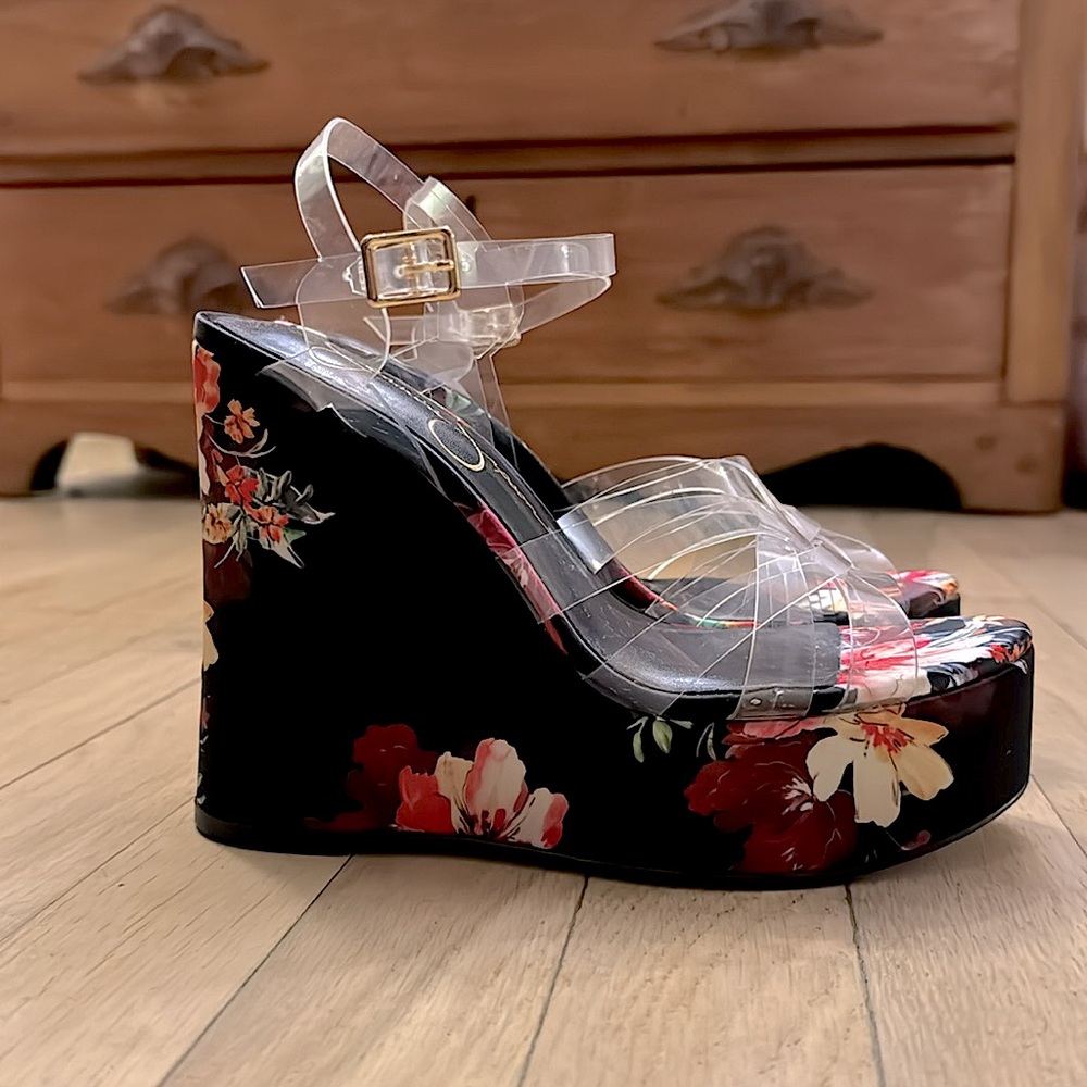 SOLD!! JS SZ6 satin flower print platforms with clear straps (worn once)